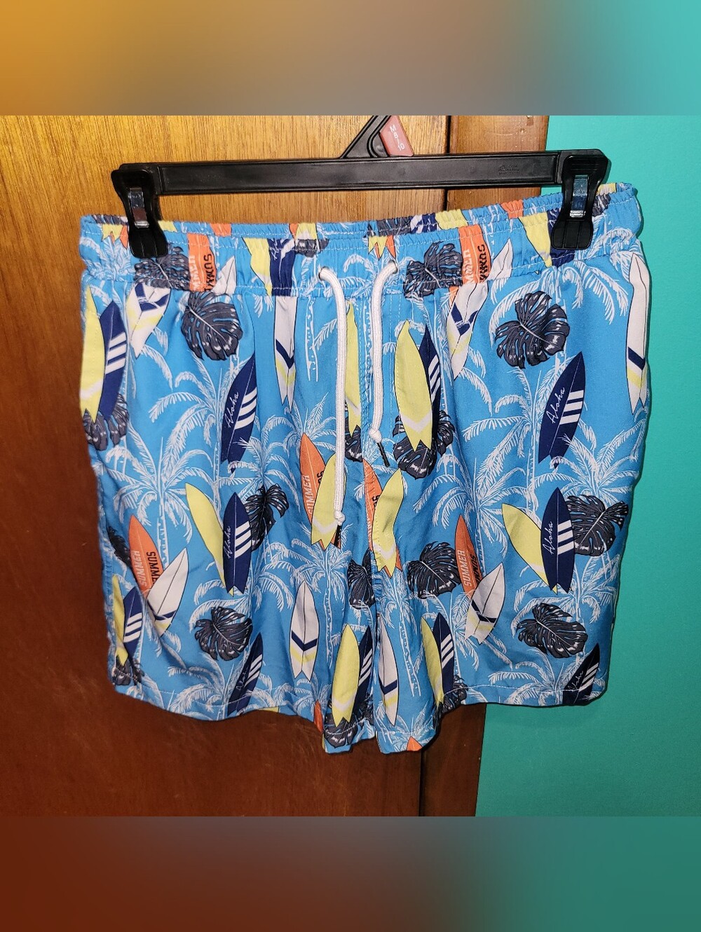 Blue Surfboard Print Swim Trunks